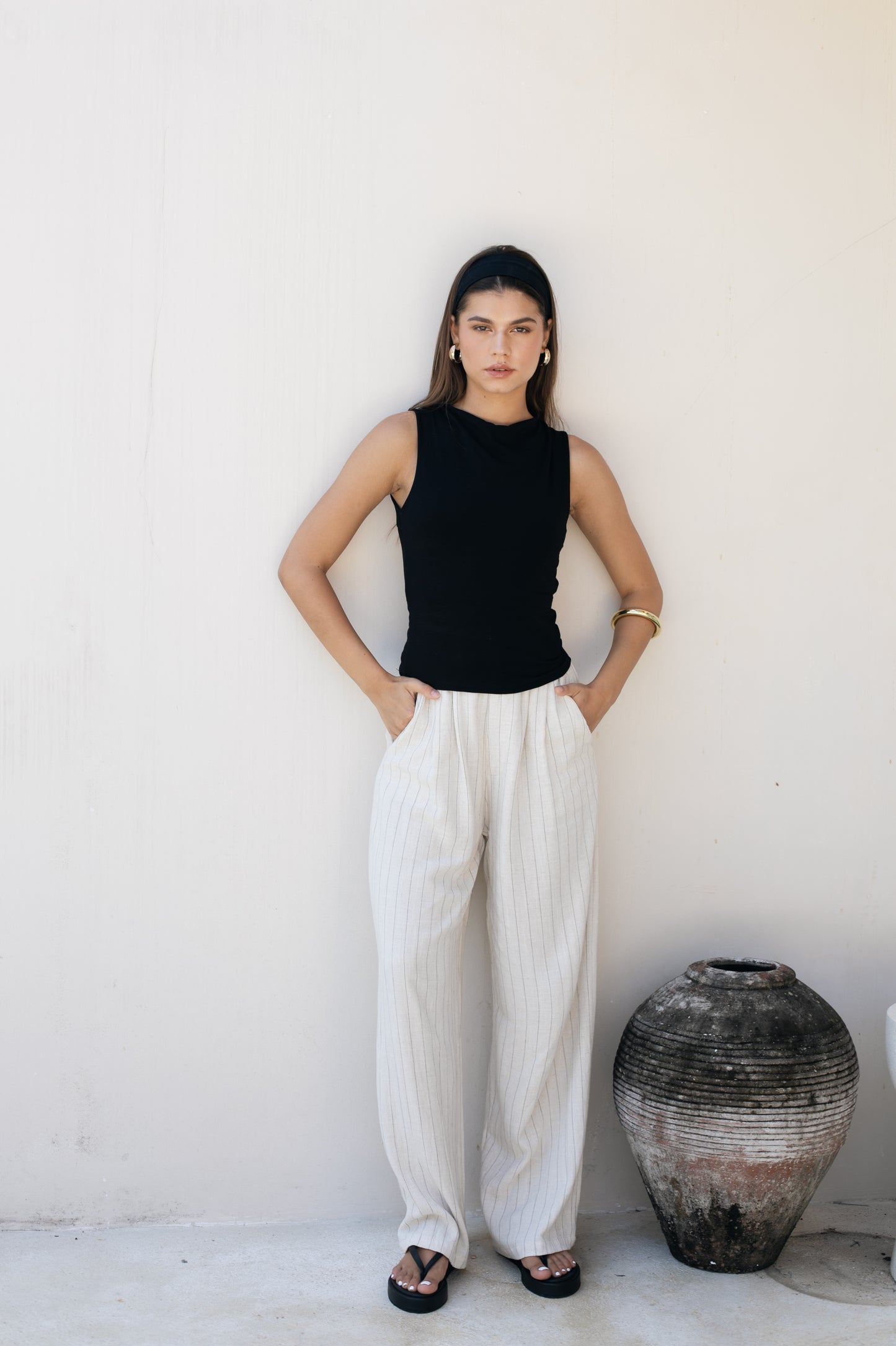 Greer Pants - Pinstripe Linen Rayon Crepe