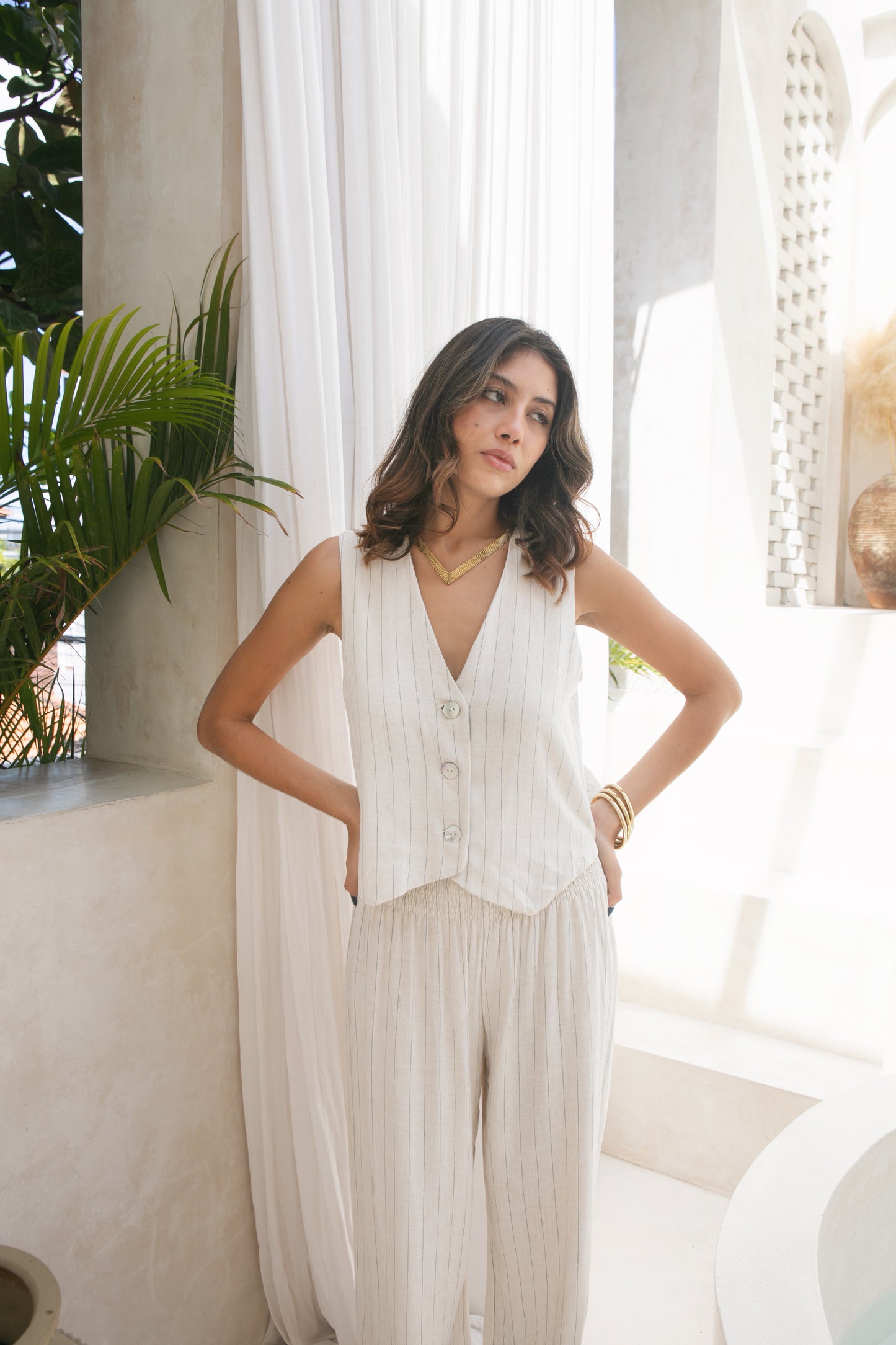 Petra Vest - Pinstripe Linen Rayon Crepe