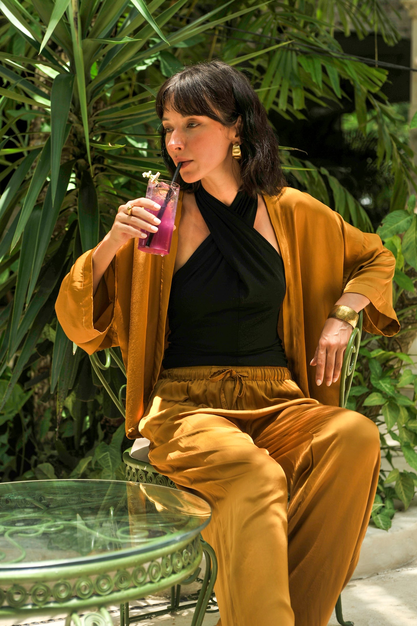 Ember Satin Crop Kimono - Tan