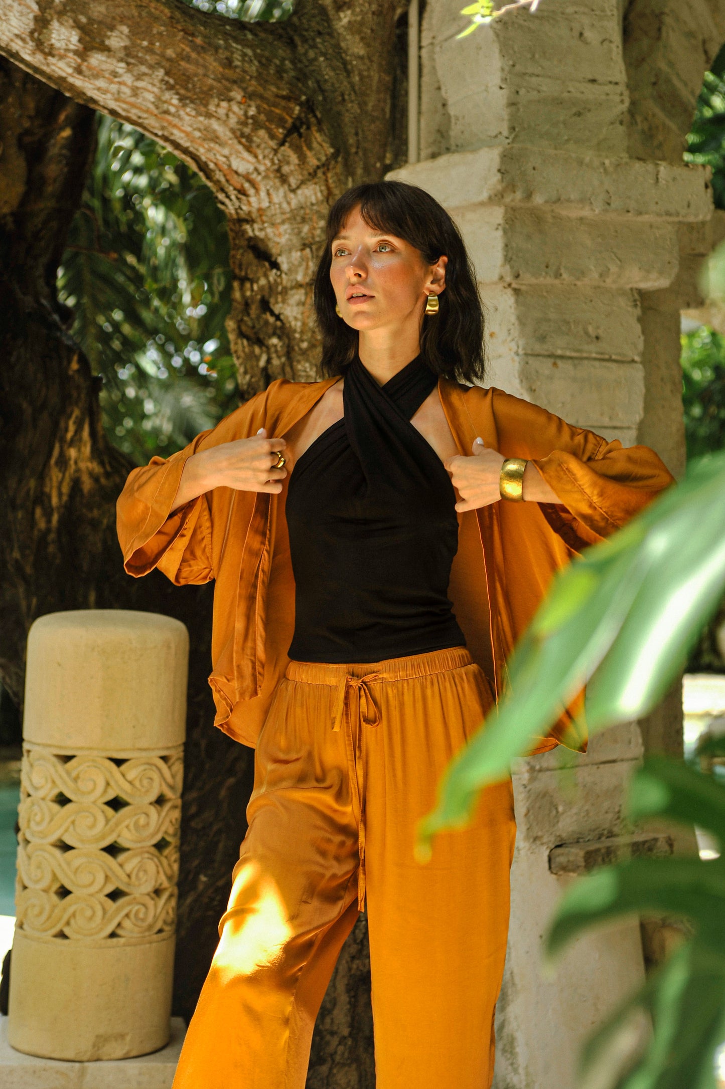 Ember Satin Crop Kimono - Turmeric