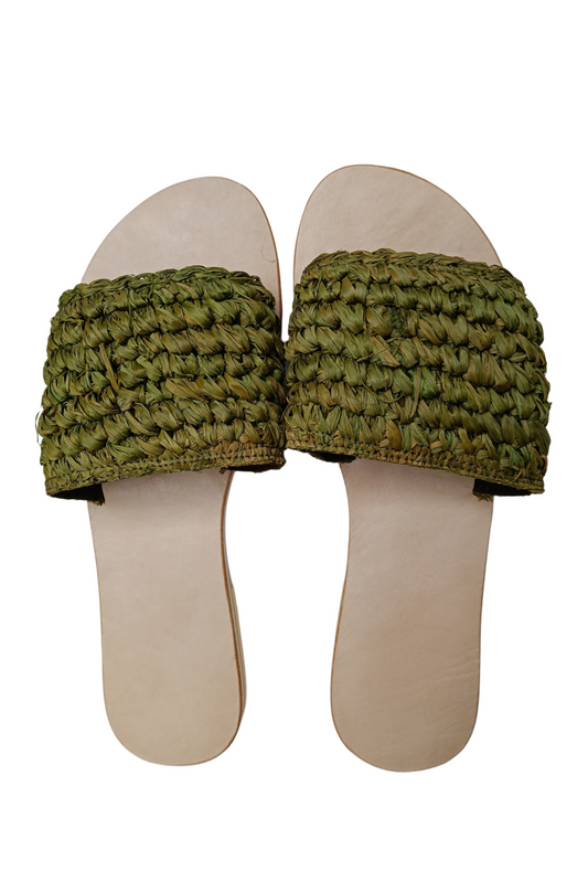 Raffia Slides - Olive Green