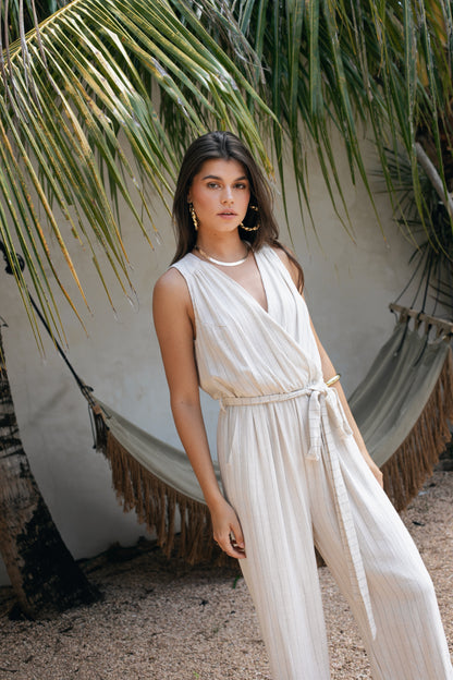 Rylee Jumpsuit - Pinstripe Linen Rayon Crepe