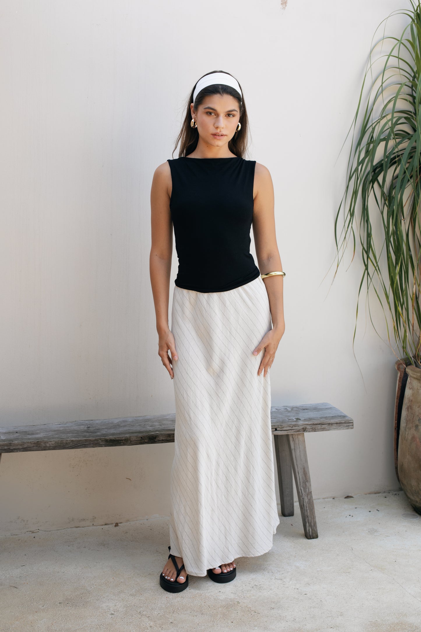 Lauren Skirt - Pinstripe Linen Rayon Crepe