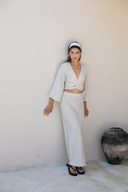 Wrap Top - Pinstripe Linen Rayon Crepe