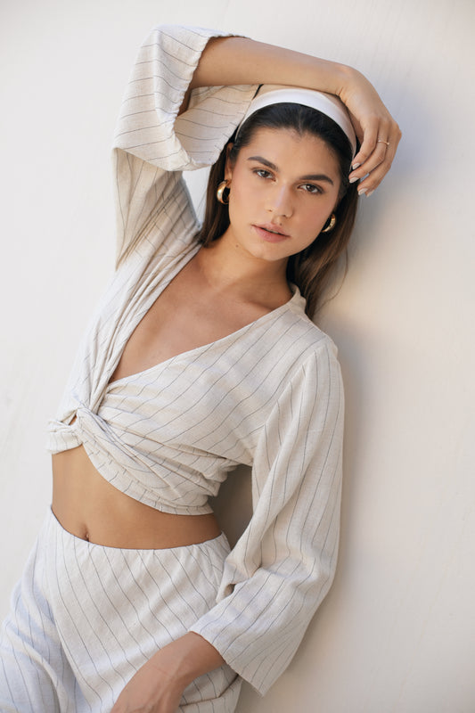 Wrap Top - Pinstripe Linen Rayon Crepe