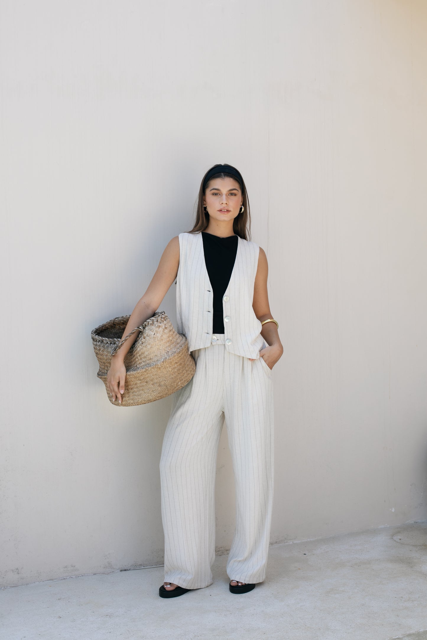 Petra Vest - Pinstripe Linen Rayon Crepe