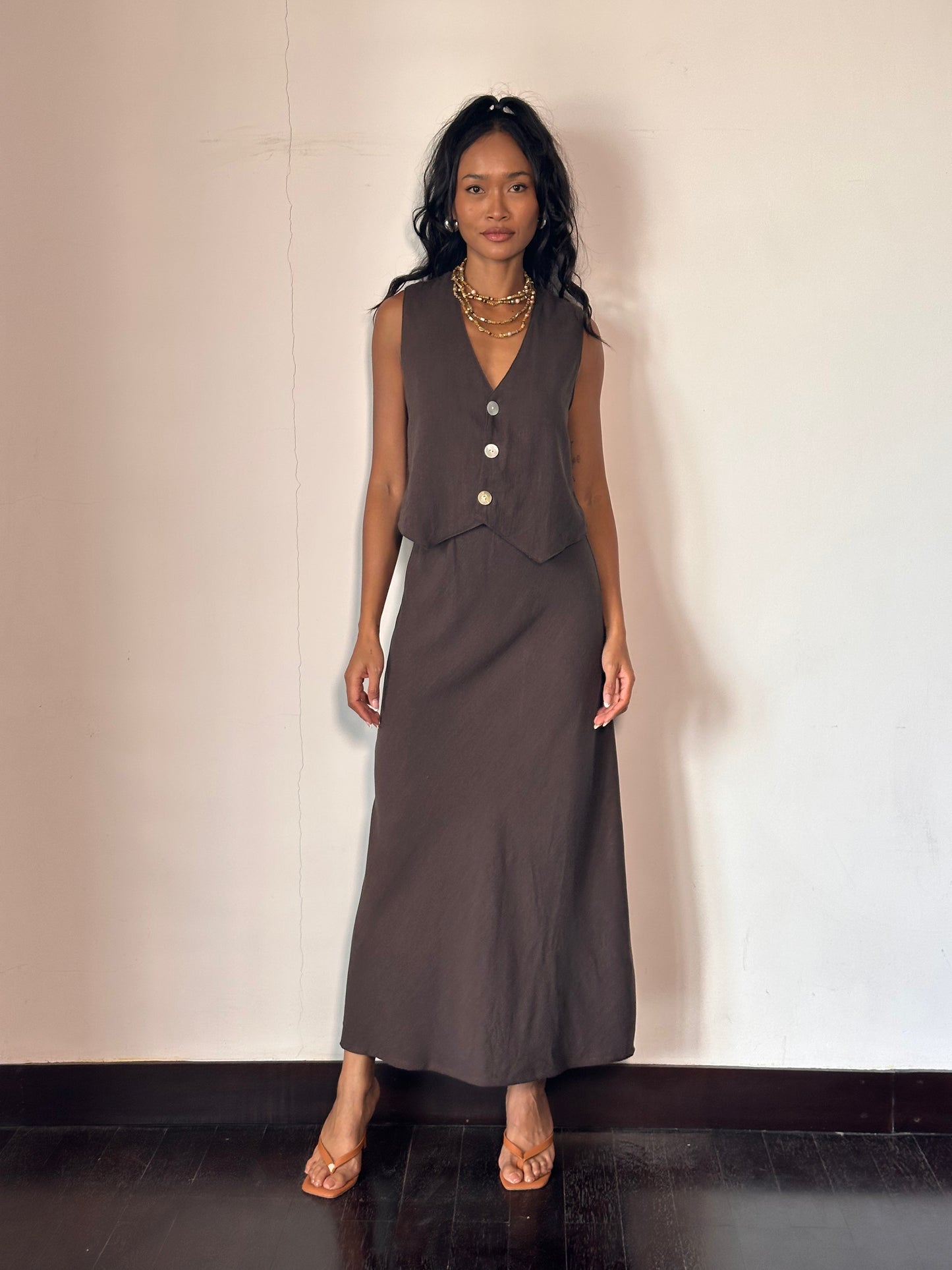 Petra Vest - Espresso Linen Rayon Crepe