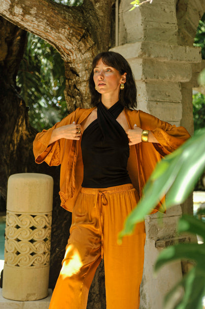 Ember Satin Crop Kimono - Turmeric
